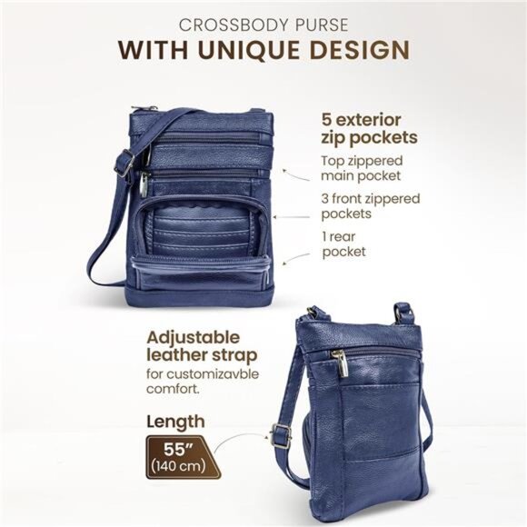 Leather Crossbody Purse for Women Multi Pocket Adjustable Strap Travel Bag - Picture 4 of 8